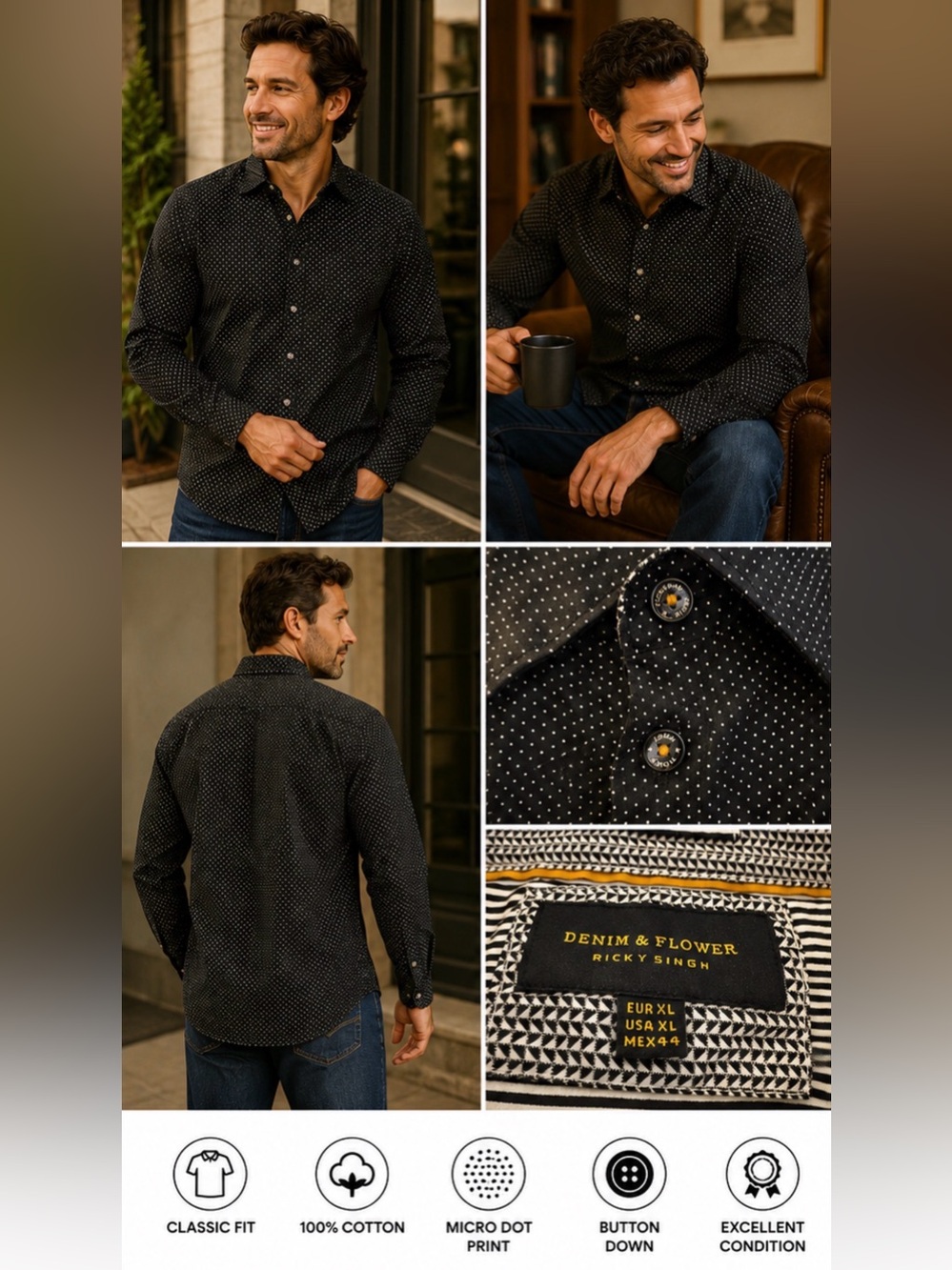Denim & Flower by Ricky Singh Button Down Shirt Men's  Black Micro Dot Print XL